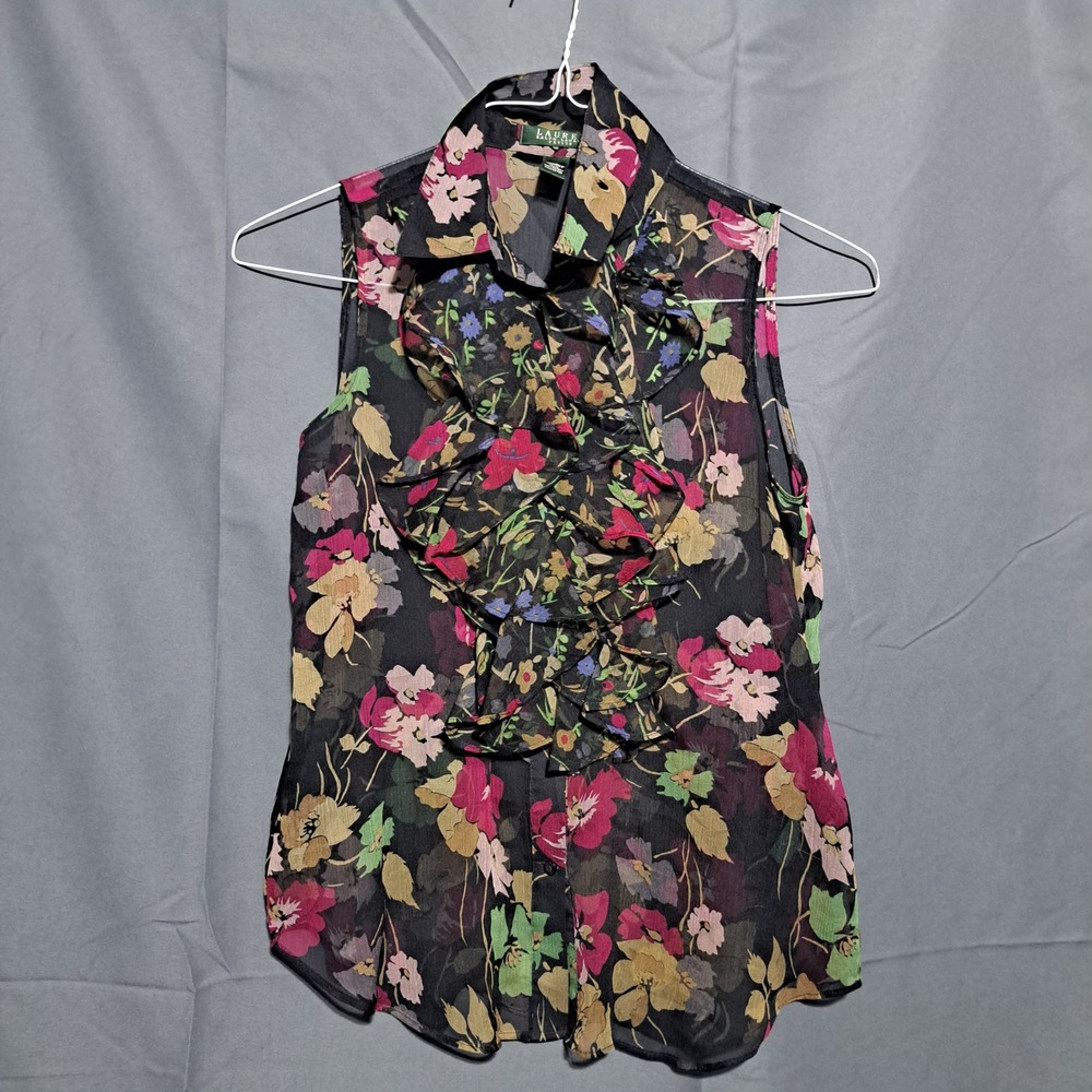 Lauren Ralph Lauren Petite Floral Ruffle Sleeveless Blouse Black Pink 4P Chiffon